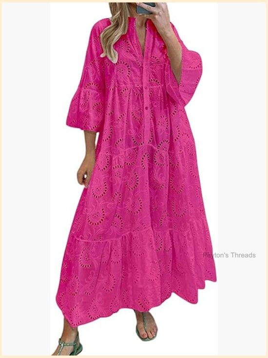 Dresses & Skirts - V Neck Eyelet Embroidery Maxi Dress Lace 3/4 Trumpet Sleeve Button Hollow